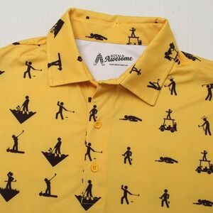 Royal & Awesome Polo Shirt Mens M Yellow Allover Stick Golfer Graphic Print